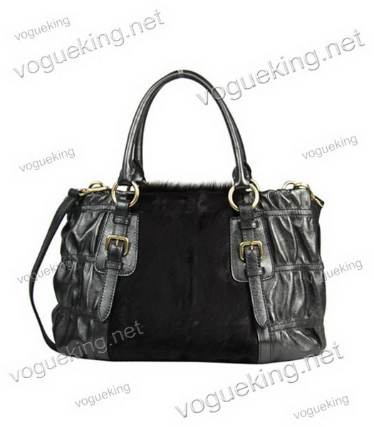 Prada Dark Coffee Horsehair Leather With Black Calfskin Tote Bag-1