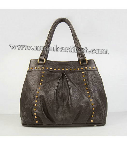 Prada Dark Coffee Leather Handbags Braided Handles Studs-2