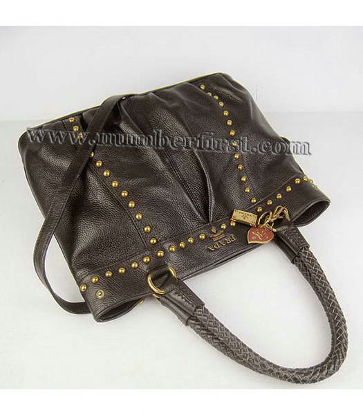 Prada Dark Coffee Leather Handbags Braided Handles Studs-4