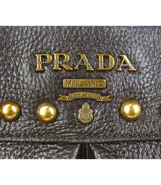 Prada Dark Coffee Leather Handbags Braided Handles Studs-5
