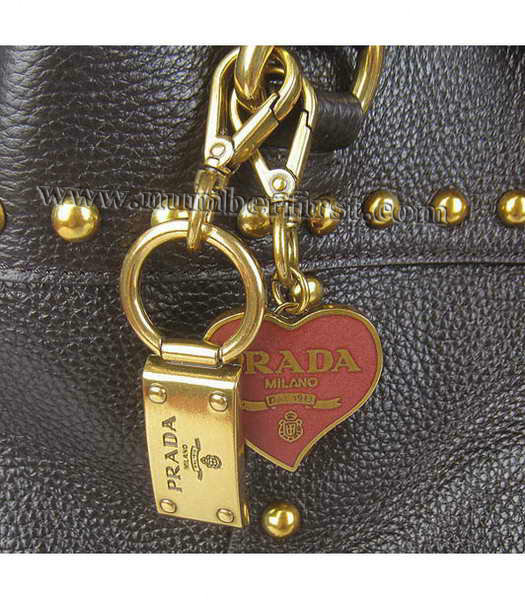 Prada Dark Coffee Leather Handbags Braided Handles Studs-6