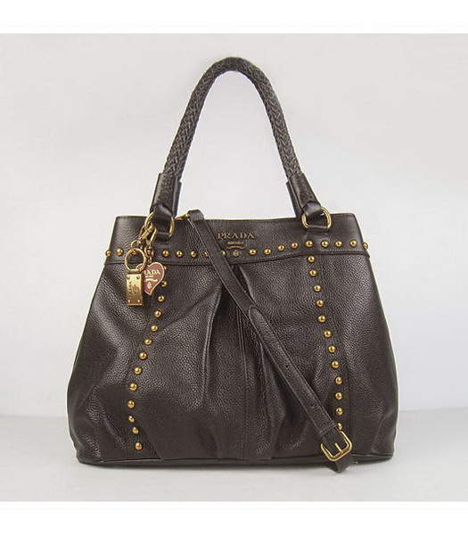 Prada Dark Coffee Leather Handbags Braided Handles Studs