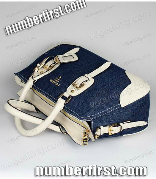 Prada Denim With White Saffiano Napa Leather Top Handle Bag-4