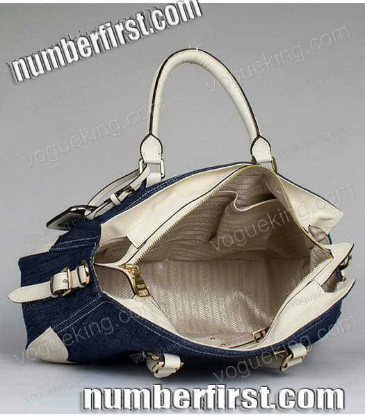 Prada Denim With White Saffiano Napa Leather Top Handle Bag-6