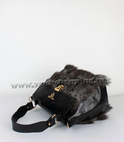 Prada Fox Fur Leather Tote Bag Black_Grey-2
