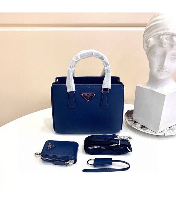 Prada Galleria Electric Blue Original Cross Veins Leather Golden Metal Medium Tote Bag