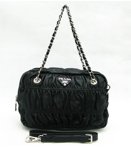 Prada Gathered Leather Lamskin Shoulder Bag Black