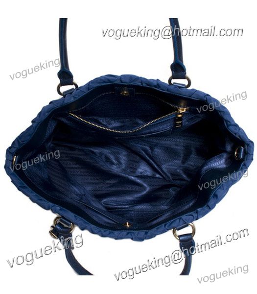 Prada Gauffre Fabric With Dark Blue Leather Tote Bag -4