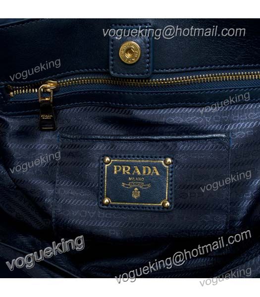 Prada Gauffre Fabric With Dark Blue Leather Tote Bag -5