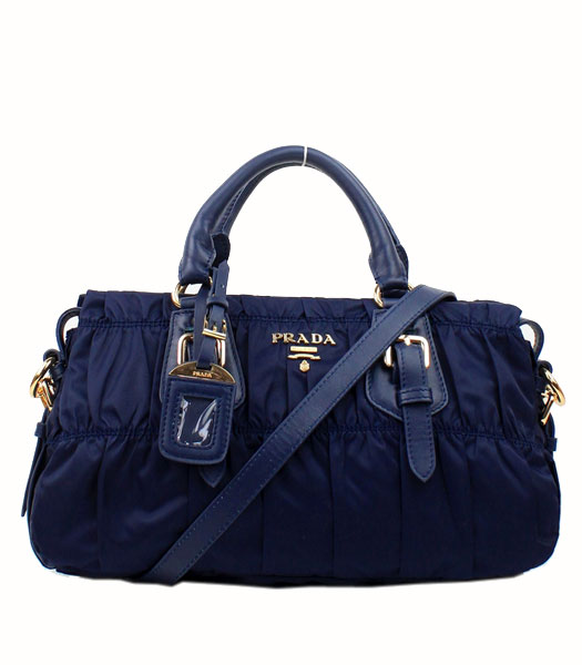 Prada Gaufre Blue Fabric With Lambskin Leather Top Handle Bag