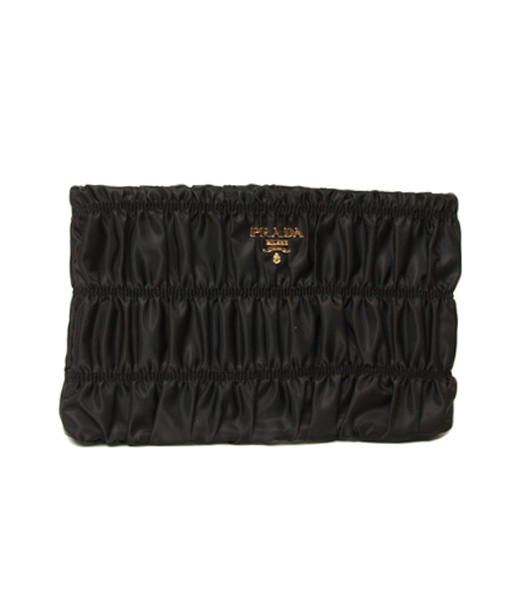 Prada Gaufre Fabric With Black Lambskin Leather Clutch
