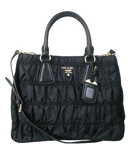 Prada Gaufre Fabric With Black Leather Tote Bag