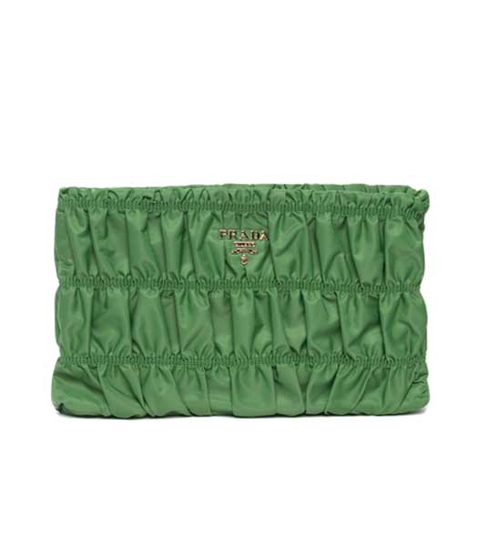 Prada Gaufre Fabric With Green Lambskin Leather Clutch