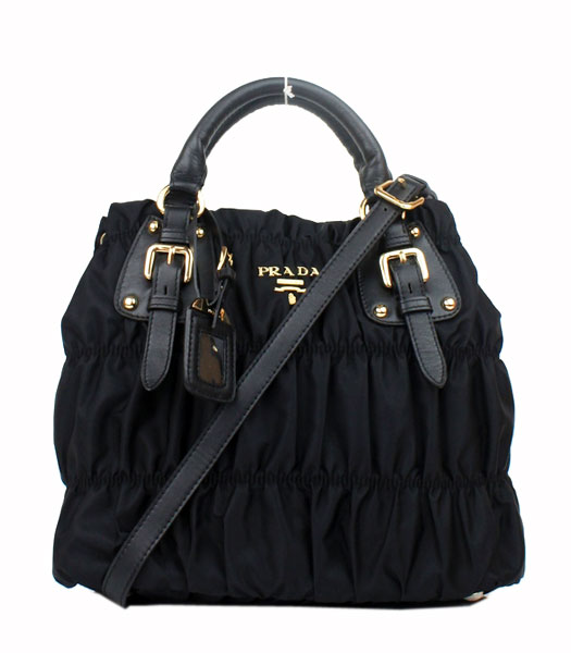 Prada Gaufre Fabric With Lambskin Leather Small Tote Bag Black