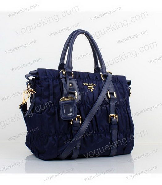 Prada Gaufre Small Blue Fabric With Lambskin Leather Top Handle Bag-1