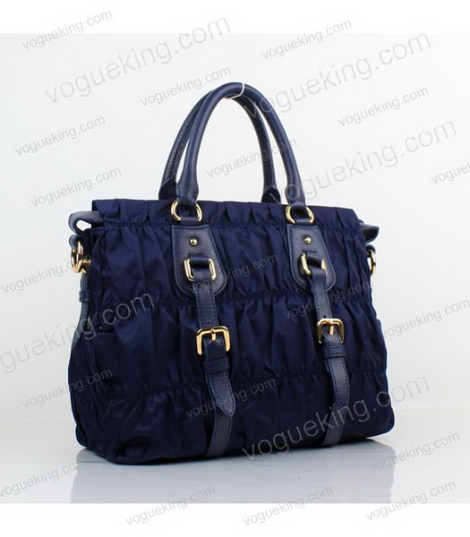 Prada Gaufre Small Blue Fabric With Lambskin Leather Top Handle Bag-2