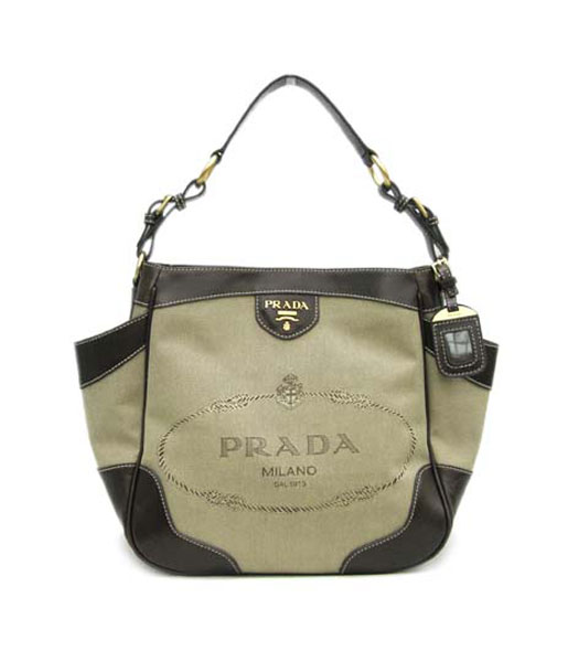 Prada Jacquard Canvas Shoulder Bag with Dark Coffee Leather_BR3793S
