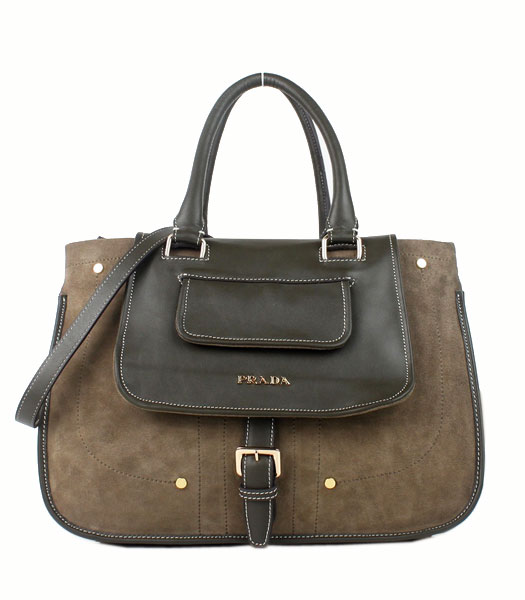 Prada Khaki Suede And Napa Leather Top Handle Bag