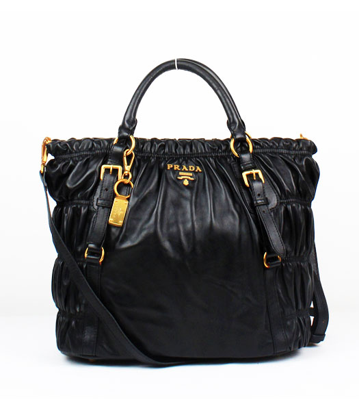 Prada Lambskin Wrinkled Leather Top Handbag Black