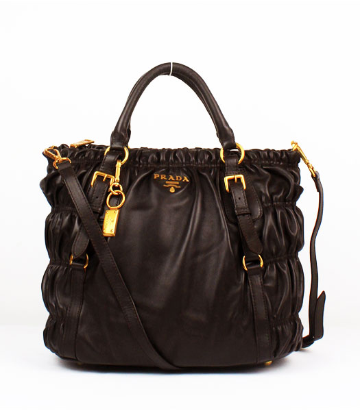 Prada Lambskin Wrinkled Leather Top Handbag Dark Coffee