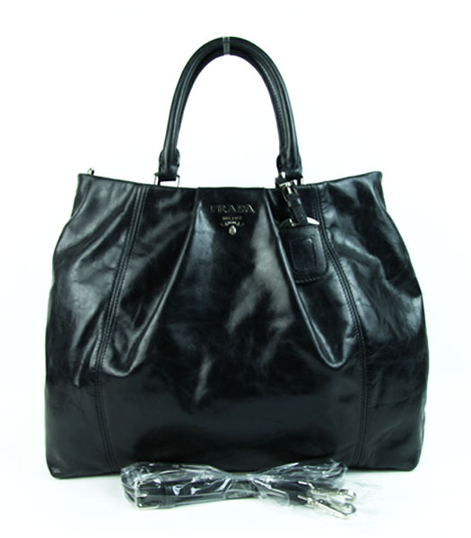 Prada Large Soft Black Oil Leather Tote Shoulder Bag