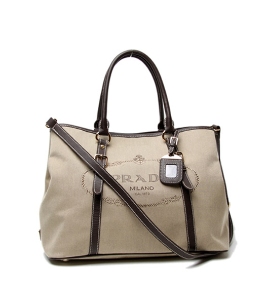 Prada Large Tessuto Apricot Canvas With Dark Coffee Leather Shopping Tote