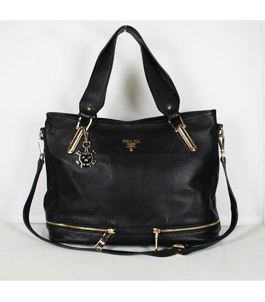 Prada Leather Tote Bag with Zipper Trim Black