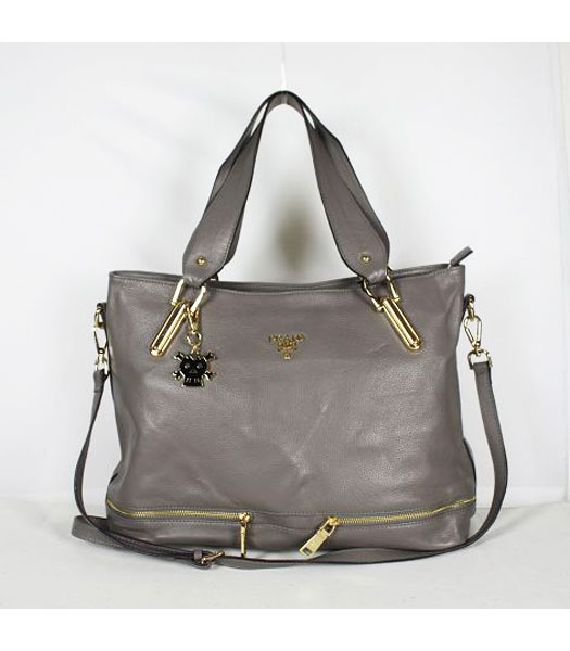 Prada Leather Tote Bag with Zipper Trim Grey