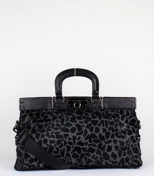 Prada Leopard Pattern Horsehair Tote Bag Dark Grey