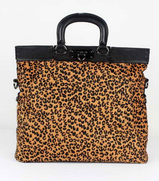 Prada Leopard Pattern Horsehair Tote Bag Earth Yellow