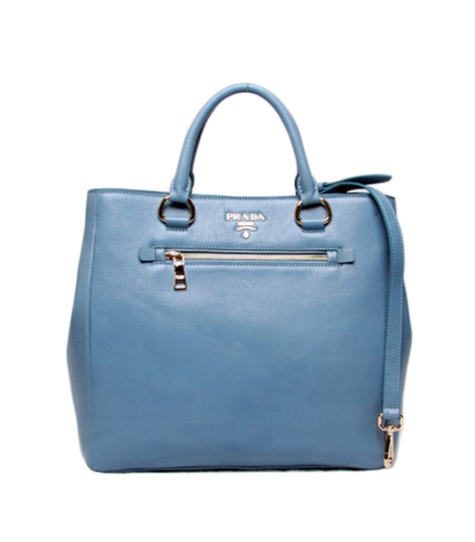 Prada Light Blue Leather Shopping Tote Bag