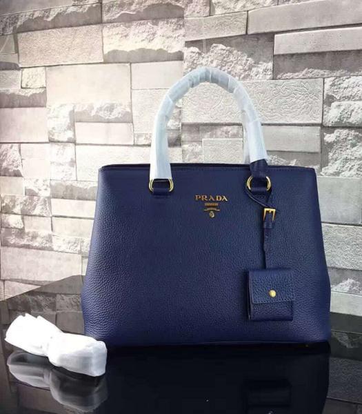Prada Litchi Veins Calfskin Leather Handle Bag Sapphire Blue