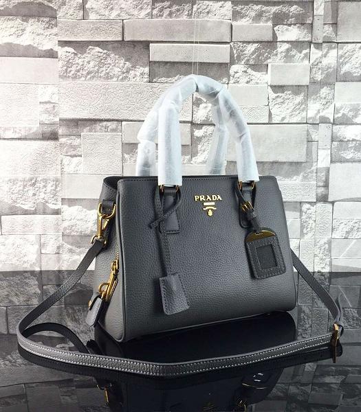 Prada Litchi Veins Dark Grey Calfskin Leather Top Handle Bag