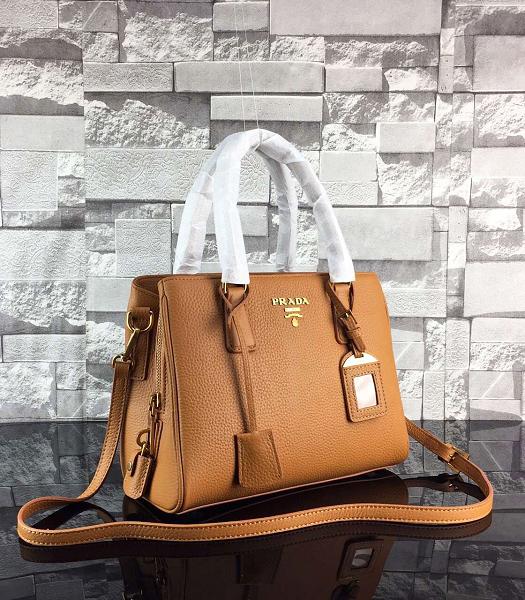 Prada Litchi Veins Earth Yellow Calfskin Leather Top Handle Bag