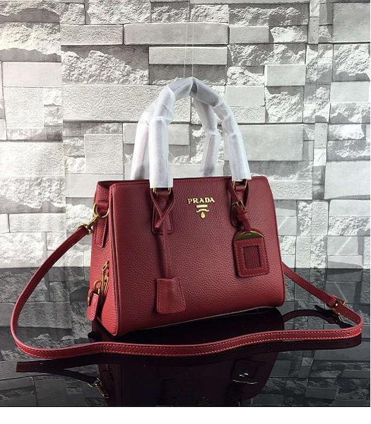 Prada Litchi Veins Jujube Red Calfskin Leather Top Handle Bag