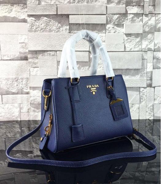 Prada Litchi Veins Sapphire Blue Calfskin Leather Top Handle Bag