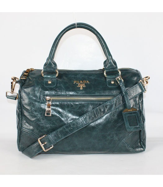 Prada Middle Calf Leather Tote Bag in Dark green