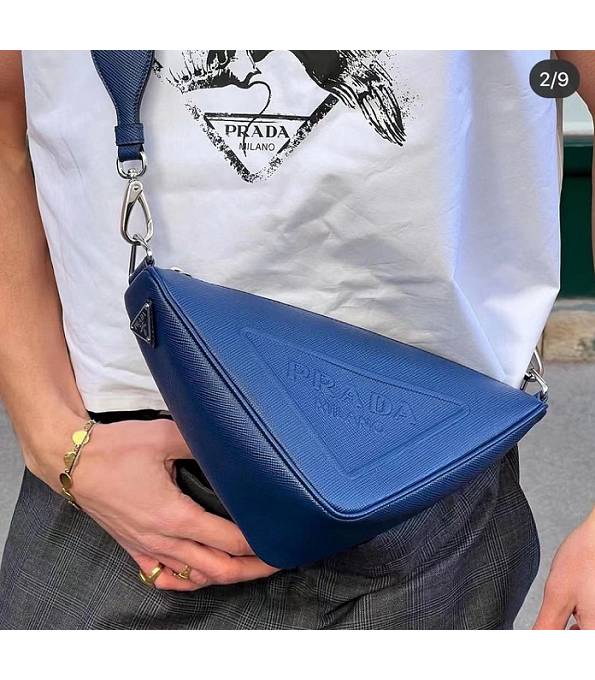 Prada Original Saffiano Cross Veins Calfskin Leather Triangle Messenger Bag Blue
