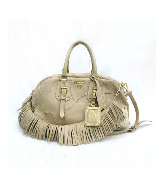 Prada Patchwork Leather Tassel Bowler Handbag Apricot_BL0391