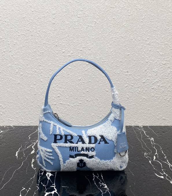 Prada Re-Edition 2000 Blue Original Embroidery Nylon Mini Hobo Bag