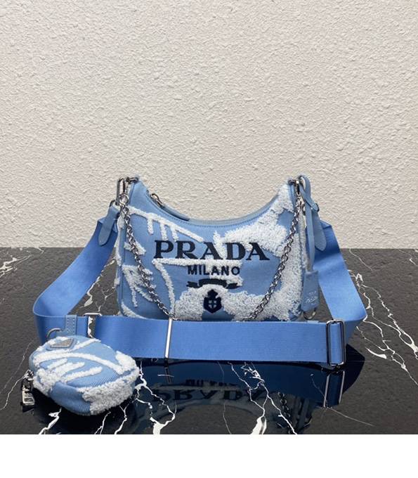 Prada Re-Edition 2005 Blue Original Embroidery Nylon Silver Chain Mini Hobo Bag