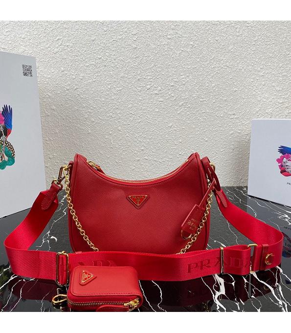 Prada Re-Edition 2005 Red Original Cross Veins Leather Mini Hobo Bag With Checking IC Chip