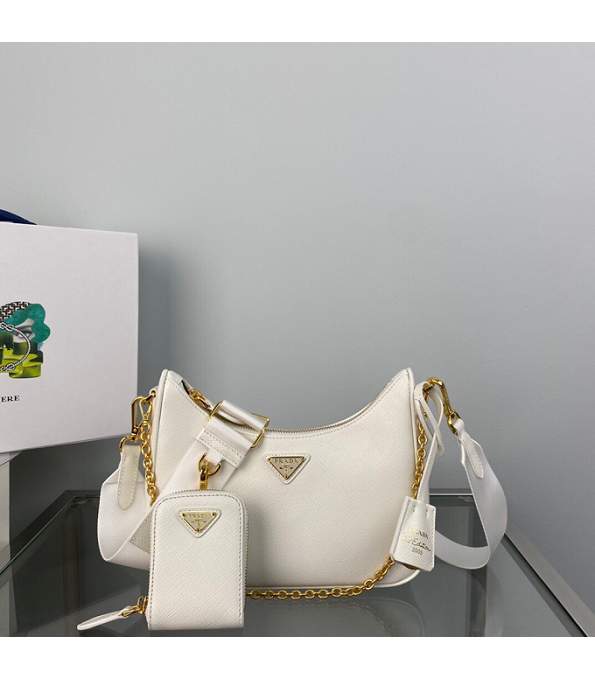 Prada Re-Edition 2005 White Original Cross Veins Leather Golden Chain Mini Hobo Bag