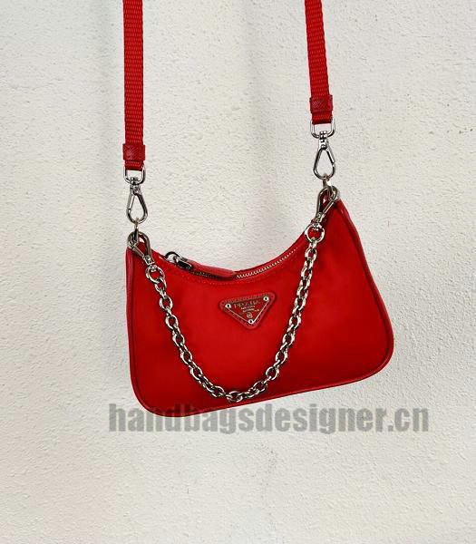 Prada Red Nylon With Original Leather Mini Hobo Bag-5