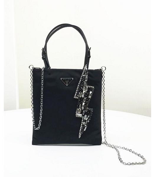 Prada Rhinestone Embellished Black Nylon With Original Leather Small Top Handle Shoulder Bag