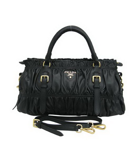 Prada Ruched Black Lambskin Leather Gauffre Handbag