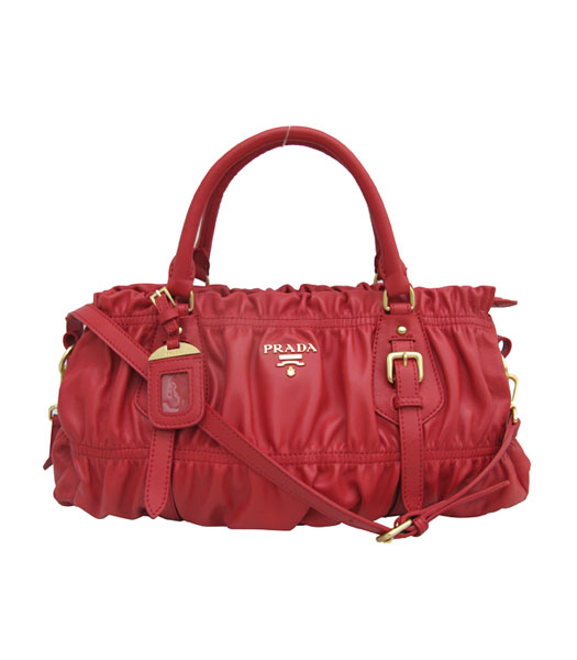 Prada Ruched Red Lambskin Leather Gauffre Handbag