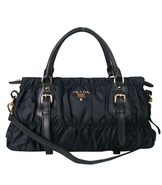 Prada Ruched Waterproof With Black Leather Top Handle Bag