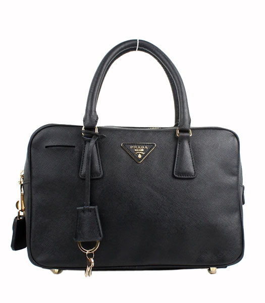 Prada Saffiano Black Calfskin Leather Top Handle Zip Bag