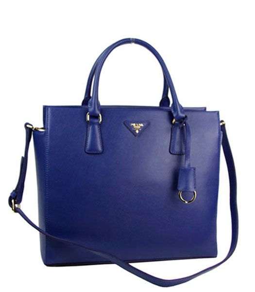 Prada Saffiano Blue Calfskin Leather Tote Bag